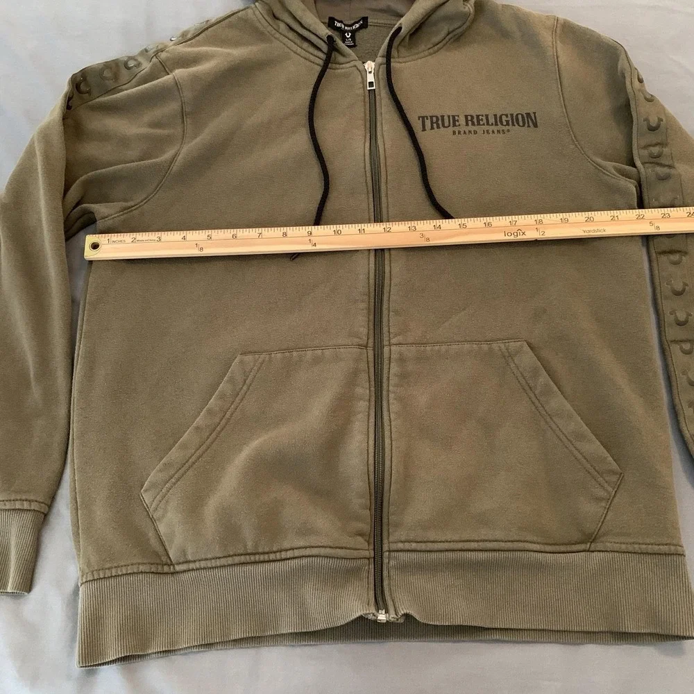 True Religion Hoodie Mens Large Green Full Zip Fleece Silicone Tape Logo